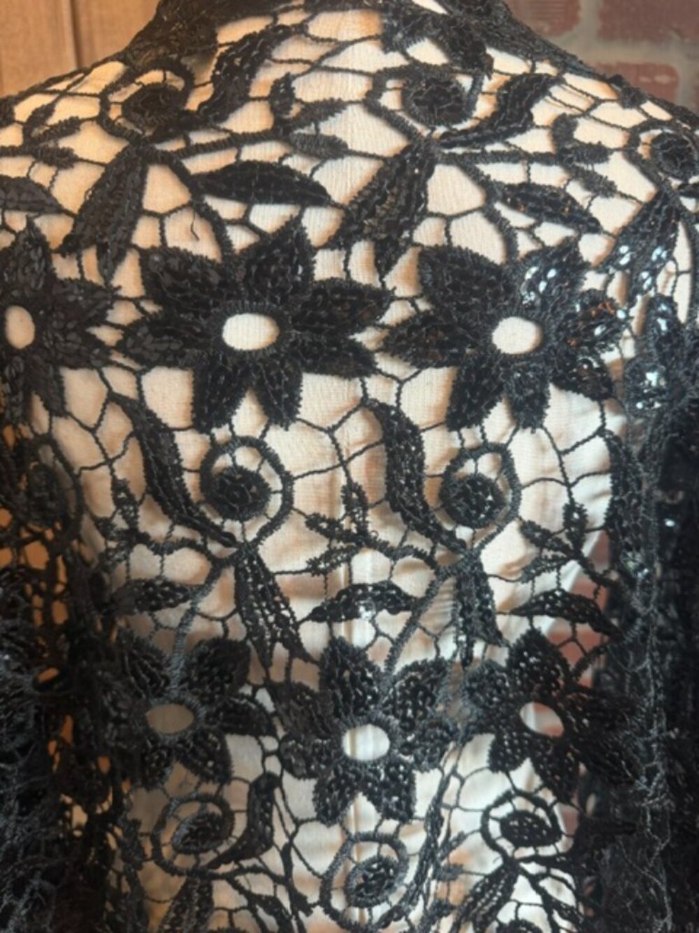 Black Sequin Floral Lace Scarf Wrap Shawl Boho Evening Festival 22x78 - Picture 6 of 8